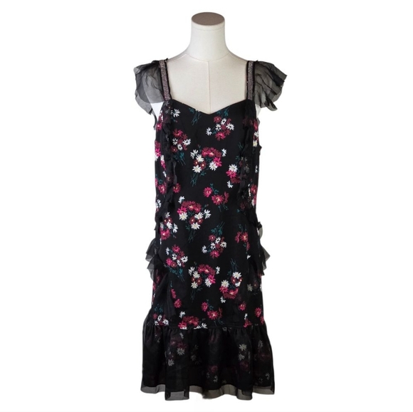 Libby Edelman Black Floral Ruffle Midi Dress w/ Sheer Sleeves Size M - Picture 1 of 10